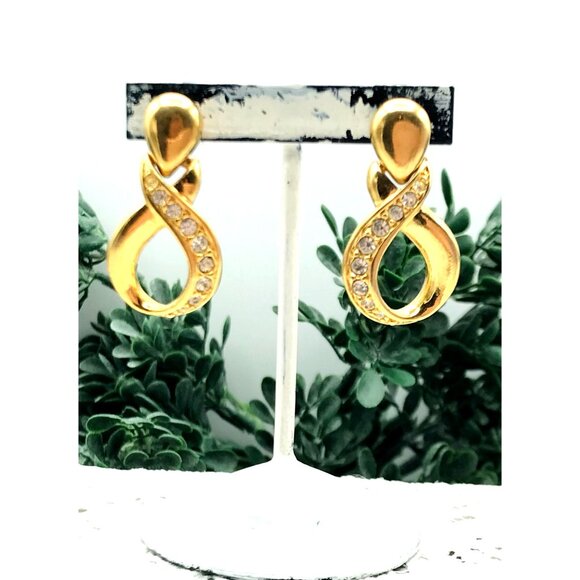 Vintage Style Gold-Tone Infinity Loop Crystal Earrings With Stud Backing & Clear - Picture 6 of 8